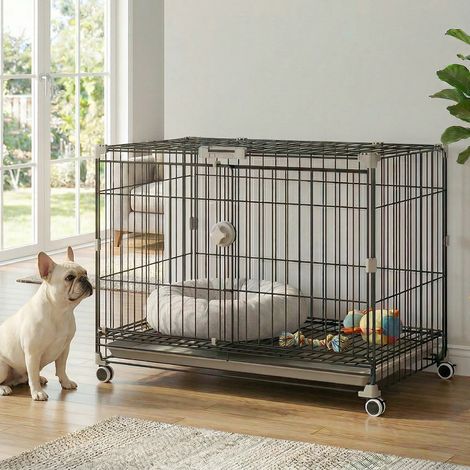 Gabbia per cani pieghevole, vassoio rimovibile, ruote con freno, tetto apribile con serratura, 75,5x46x64,5 cm, nera.