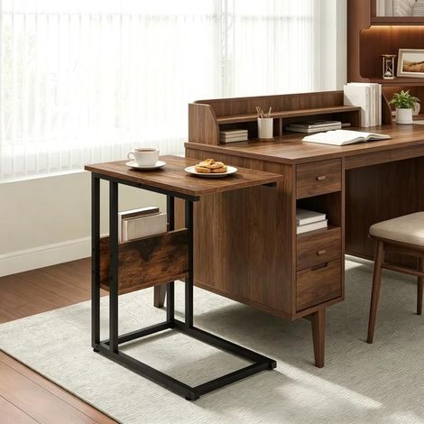 Table d'appoint en C - WESTYLE - Format compact - Plateau bois E1 - Cadre métal - Étagère latérale (1/5)