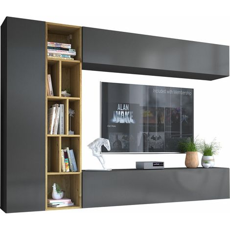 Mirjan24 – Ensemble de meubles de salon 160x224 cm – Stratifié gris et chêne artisan – Système push to open – Dimensions optimisées pour rangement