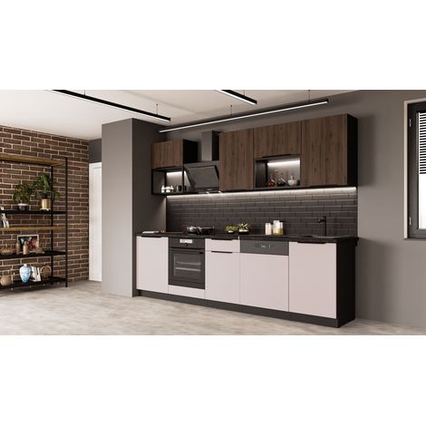 Küche ARONA + MONZA BASIC LOFT 280 cm Küchenzeile Küchenblock Einbauküche Kaschmir beige matt + Nußbaum + Schwarz matt (1/5)