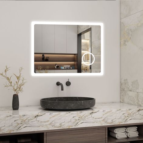 AICA Specchio-Bagno-con-Luce, Specchio-Rettangolare 140 x 80 cm, Specchio a Parete, Tocco Interruttore Memoria, Antiappannamento, Regolabile 3 LED di colore, Lente d'ingrandimento 3x, Orologio (1/5)