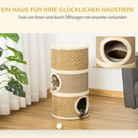 Griffoir tour en sisal pour chat, 3 étages avec peluche douce, 37,5x37,5x70 cm, parfait pour griffer et jouer, accessoire félin indispensable. (1/5)