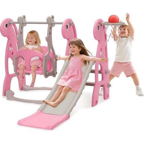 Kids Slide Set - Indoor Baby Slide - Freestanding Play Set with Basketball Tires and Height Adjustable Swing (Pink) (1/5)
