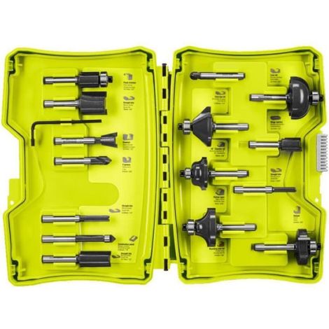 RYOBI - Coffret 15 fraises panachées queue diam. 6 mm + clé pour défonceuses R18TR-0 / R18TR-0 / RRT1600 / ERT1400RV - RAKRBS