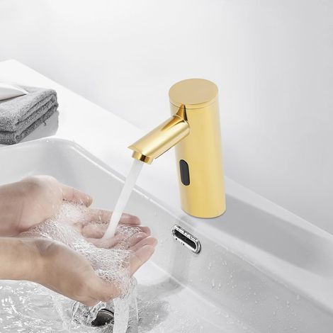 Robinet automatique sans contact Robinet d'évier, robinet automatique de lavabo, pour cuisine salle de bain Économie d'eau avec gazéificateur (doré, 14 x 20 cm)