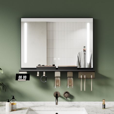 ELEGANT LED Bathroom Mirror 700x500 with Storage Shelf, Dimmable 3-Colour Lights and Anti-Fog, Stylish Functional