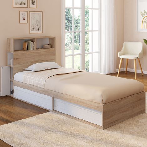 CLEM cama individual con almacenaje, cabecero y base 90 x 190 cm haya y blanco (1/5)