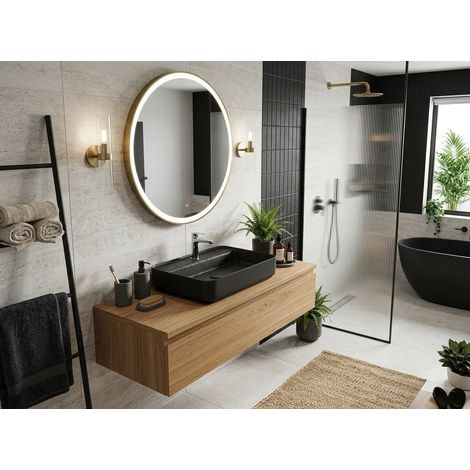 Lavabo rettangolare da appoggio senza troppo pieno in ceramica con foro rubinetto - Nero Opaco