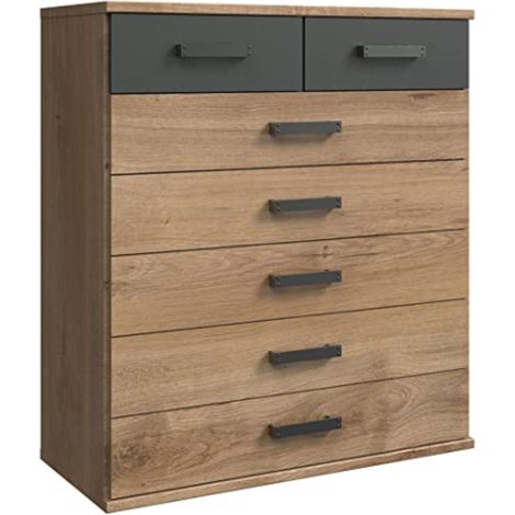 Commode meuble de rangement coloris imitation chêne poutre/graphite - Longueur 91 x Hauteur 103 x Profondeur 40 cm -PEGANE- (1/2)