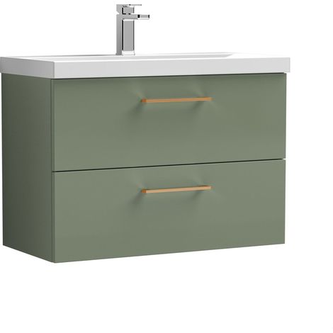 Balterley 800mm Wall Hung Bathroom 2 Drawer Vanity Unit and 1 Tap Hole Ceramic Basin, Satin Green with Copper Handles