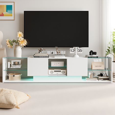 TV-Schrank mit LED, Fernsehschrank mit 2 Schubladens und 6 offenen Fächern, modern TV - Table mit schwebendem Unterbau, Für Wohnzimmer, Esszimmer und Schlafzimmer, Weiß, 200 x 35 x 45 cm (1/5)