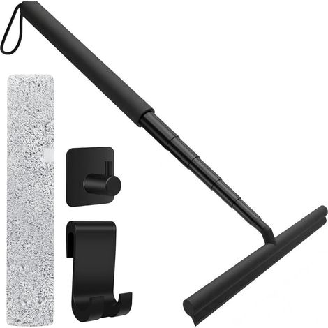 Raclette de douche à long manche - 30 à 146 cm - Extensible - Noir - En silicone - Avec revêtement en microfibre et 2 crochets - Pour sol, verre, carrelage, miroirs, fenêtres, vitres de voiture (1/5)