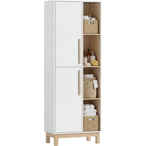 Bücherregal mit einer Höhe von 176 cm, 4 offenen Regalböden, 2 Schränken, freistehend, MDF, weiß