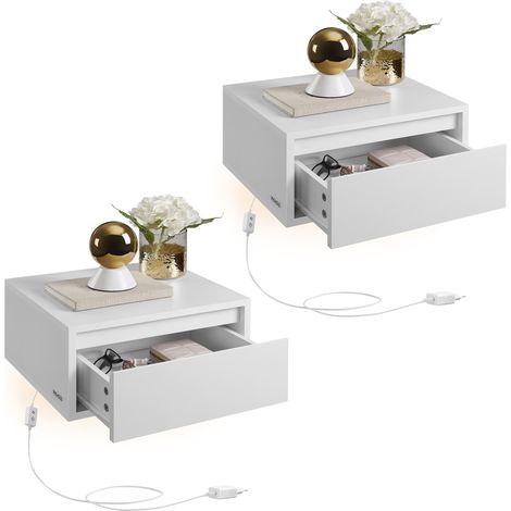 Tables de Chevet Suspendues, Lot de 2, Lumière 3 Couleurs, Étagère Murale Tiroir, 35,1 x 40,1 x 18,1 cm, Blanc (1/5)