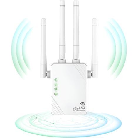 JSSEVN-WLAN-Repeater mit 1200 Mbit/s, WLAN-Verstärker, Dualband-WLAN-Booster (5 GHz und 2,4 GHz), Repeater-/Router-/Access-Point-Modus, 4 Antennen, 2 LAN-Anschlüsse