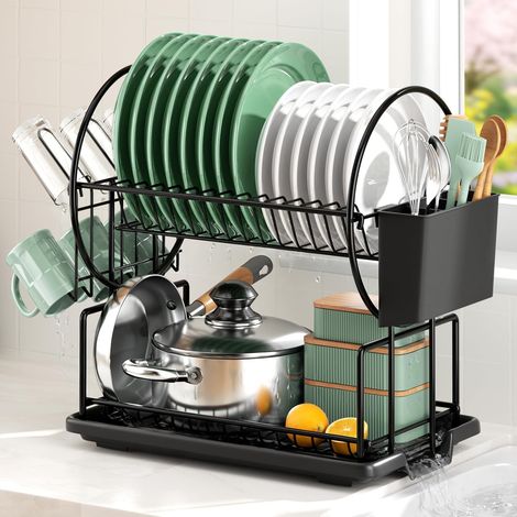 Egoutoire Vaisselle Cuisine Noir à 2 Niveaux en, INOX avec Porte ustensiles et bac d'égouttement (1/5)