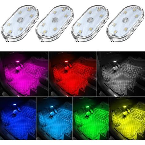 4 PCS Lumières intérieures de Voiture,Eclairage d'ambiance 7 Couleurs pour l'intérieur de la Voiture, Lampe de Lecture intérieure Rechargeable par USB