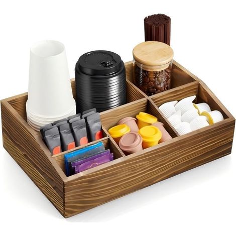 Boîte de rangement en bois à plusieurs compartiments pour capsules de café, sachets de sucre, gobelets jetables (1/4)