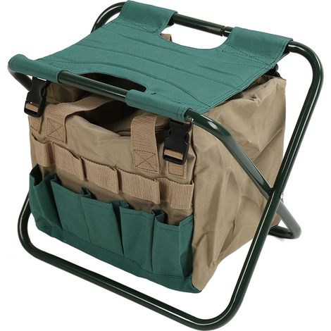 Tabouret pliant robuste avec sac, trousse à outils de jardinage multifonctionnelle verte (1/5)