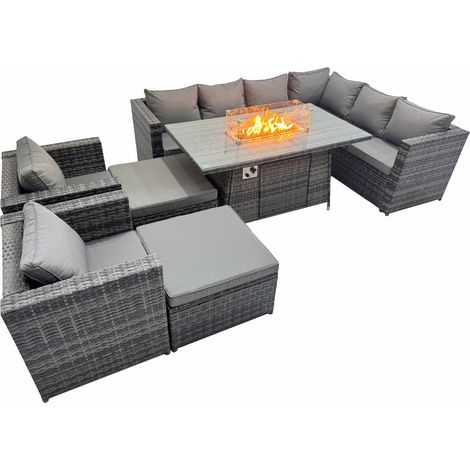 Fimous Garden Rattan Furniture Set 10 Seater Outdoor Corner Sofa 2 Chair Gas Firepit Dining Table Set with 2 Big Stools Dark Grey (1/5)