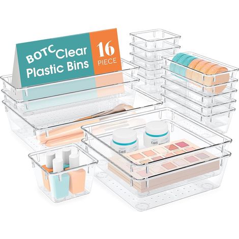 16 Organisateurs de tiroir, Plastique transparent, 5 tailles, Pour cuisine salle de bain bureau maquillage (1/5)