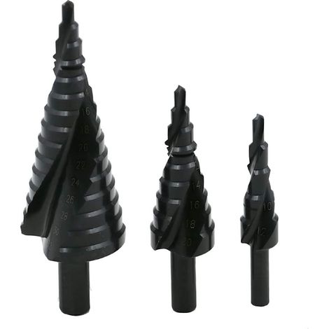 Foret Étagé Ensemble 3 pièces 4-12mm/4-20mm/4-32mm, HSS Flûte Spirale en Nitrure Poignée Triangle Foret Pagode pour Acier au Carbone, tôle, Panneaux isolants, Panneaux en PVC, Planches (1/4)