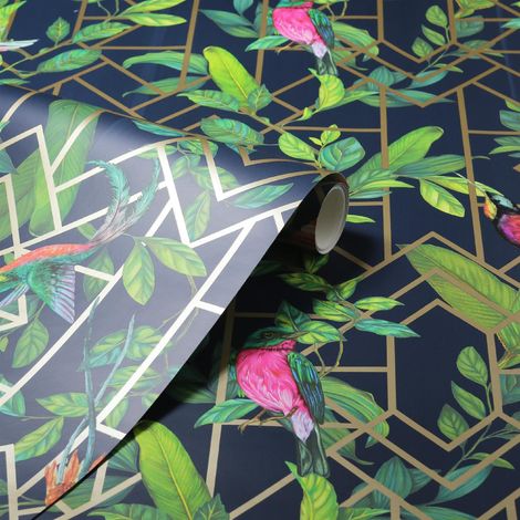 Arthouse Deco Tropical Metallic Silver Navy Green Birds Geo Wallpaper 908003 (1/4)