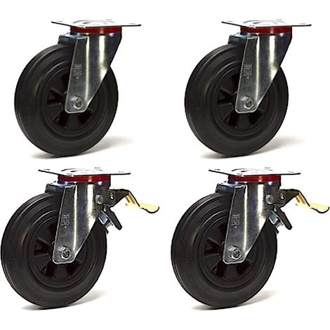 Lot de 4 roulettes pivotantes et pivotantes à frein caoutchouc noir 250 mm - 885 Kg (1/3)
