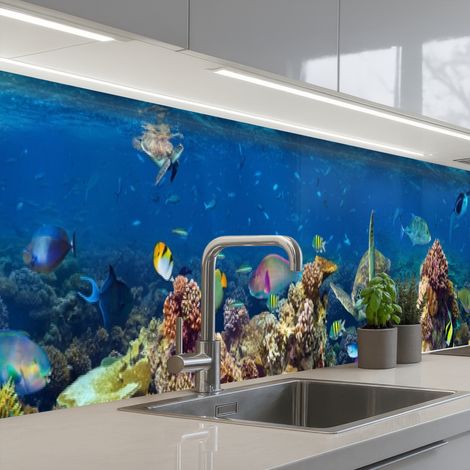 Kitchen Splashback Underwater landscape - Fish - Turtle - Blue 450x60 cm