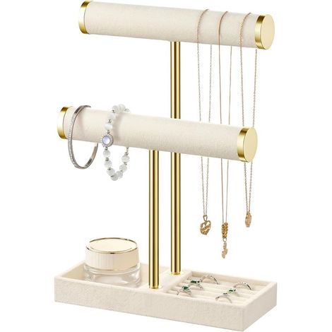 Présentoir à bijoux à 2 niveaux - Finition velours - Support à bijoux amovible - Présentoir en forme de T - Organisateur de bijoux - Rangement pour bracelets, colliers, boucles d'oreilles, bagues et m (1/5)