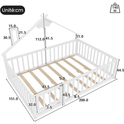 Hausbett Doppelbett mit Schutzgitter und Verschluss 140×190 cm, ohne Matratze, aus Kiefernholz und MDF, Weiß (1/4)
