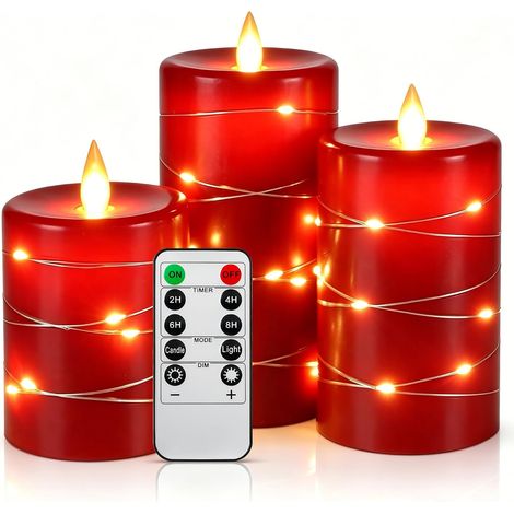 3 Bougies LED en Cire Rouge avec Guirlande Lumineuse Flamme Scintillante Réaliste Lumière Douce Romantique Télécommande Incluse (1/5)