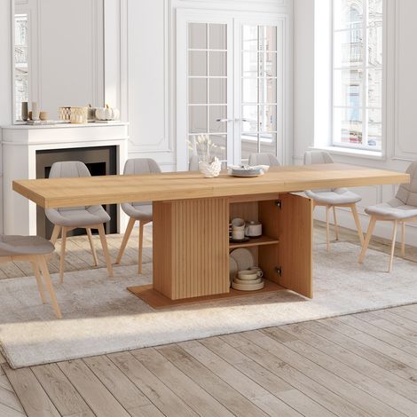 JULIETTE mesa de comedor rectangular extensible 8-12 personas con pata central efecto listones y almacenaje 200-250 cm