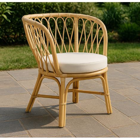 Fauteuil en rotin "Rannes" - Beige - Chaise pour Extérieur ou Intérieur - Coussin blanc cassé - D 65 x l 65 x H 85 cm - Livraison gratuite (1/5)