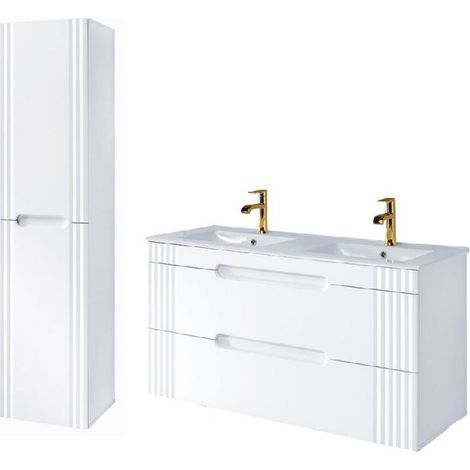Meuble vasques à encastrer 120 cm + colonne murale Oceanie White - Livraison gratuite