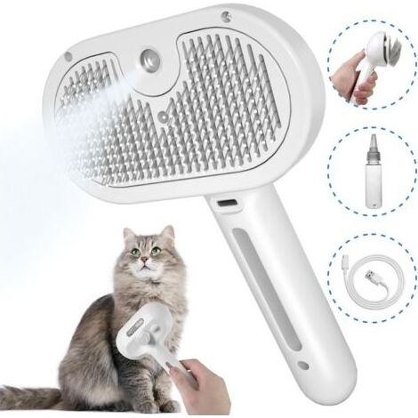 Brosse Chat Vapeur Brosse Chien Vapeur pour Poils Longs et Courts Brosse avec Réservoir D'eau pour Animaux de Compagnie Brosses de Toilettage pour Chats, Blanc (1/3)