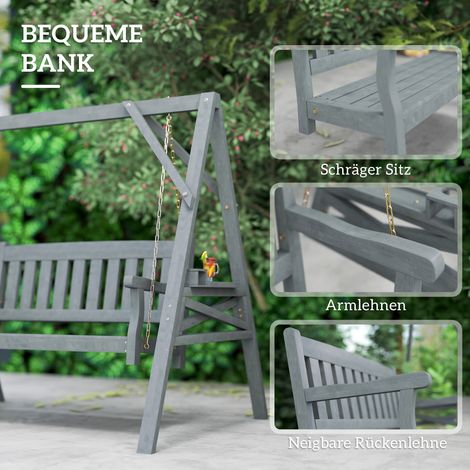 2 places balancelle de jardin, banc en bois avec tablettes, porte-gobelets et chaînes métalliques, Gris (1/4)