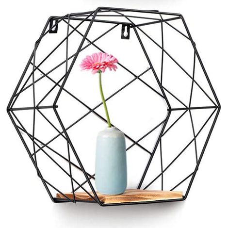Etagère Murale Hexagonale - Bois Et Métal - Pour Cuisine Salle De Bain Salon - Lot De 3 (1/5)