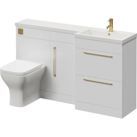 Napoli 390 Gloss White 1500mm 2 Drawer Vanity Unit Toilet Suite with Right Hand Square Lucia Basin - 1500mm - Brushed Brass 320mm HandleWith Kingston Toilet Pan and Seat