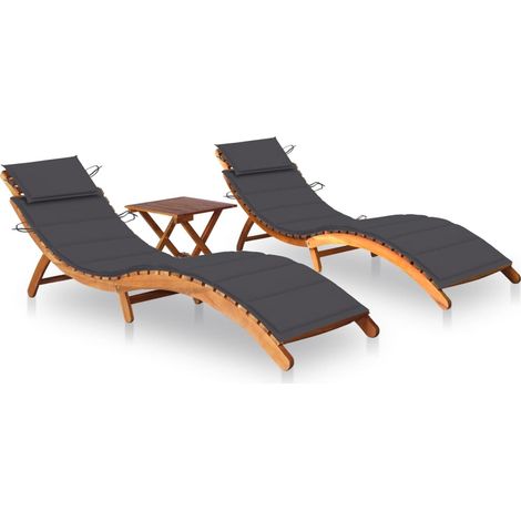 Juego de 2 tumbonas tumbona para tomar el sol cama de jardín terraza muebles de exterior con mesa y cojines de acacia maciza 020012111