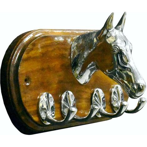 Porte-brides tête de cheval avec 4 crochets en laiton chromé et base en bois