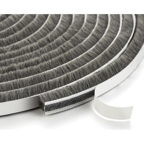 Tira burlete para puertas y ventanas de 10 m, cepillo de sellado - 9 mm (ancho) x 5 mm (alto), tira de sellado autoadhesiva para ventanas correderas y puertas exteriores, gris (1/5)