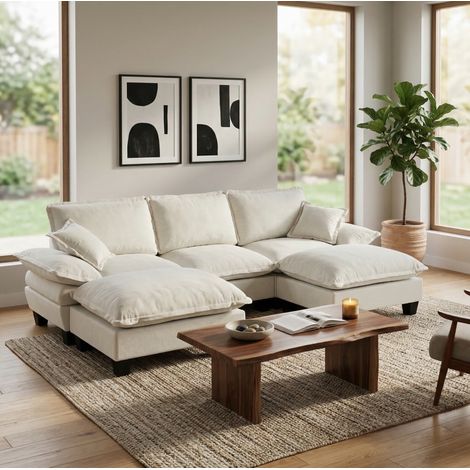 Sofá modular en U de chenilla beige con estructura de madera, brazos curvos desmontables y otomana móvil (1/5)