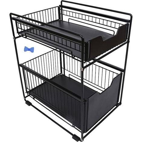 1 - Étagère de Rangement - Panier Coulissant - 2 Niveaux - Acier Inoxydable - Antidérapant - Cuisine Salle de Bain - Noir - 37,4x26,5x44cm