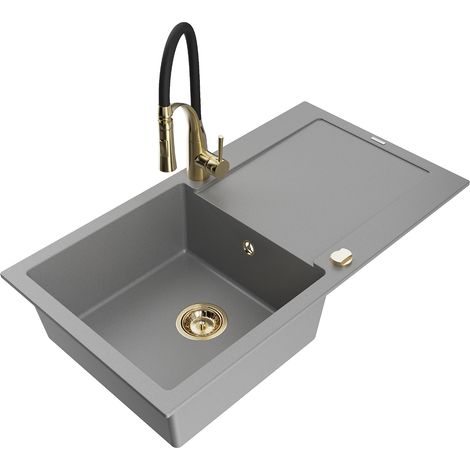 Mexen Leo fregadero de granito de 1 seno con escurridor y grifo de cocina Aster, gris - 6501-71-73450-57-G (1/5)