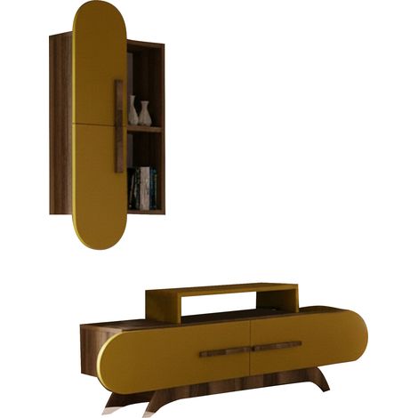 Wohnwand Ossimo, Wohnzimmermöbel mit 6 Regalen, modular, Klapptüren, klappbar, Nussbaum Braun