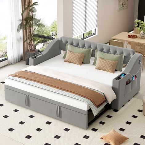 Lit gigogne 90/180x190 cm, Canapé-lit extensible capitonné avec sommier à lattes, avec port de charge USB, rangement intégré, canapé-lit multifonctionnel, velours, Gris (1/5)
