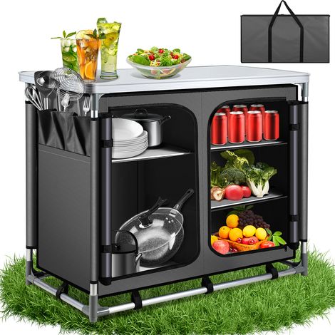 Jiubiaz 97 x 50 x 78 cm Campingküche mit 1 Arbeitsplatte, 5 Fächer, Anthrazit – Outdoor Campingschrank Küchenstation für Camping, Garten & Wohnmobil