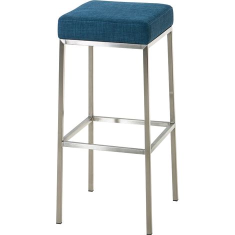 Sgabello da bar imbottito con rivestimento in tessuto blu e poggiapiedi in acciaio inox, altezza seduta 85 cm 100001224