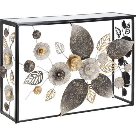 Console Glam Dark in ferro e specchio con decorazione floreale